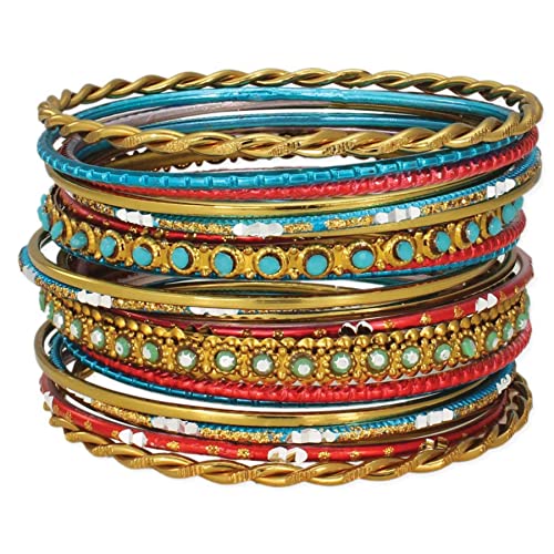 Set of 22 Golden, Turquoise and Coral Bangle Bracelets