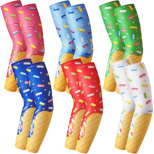 Shyyween 6 Pair Baseball Arm Sleeve for Youth Kid Compression Basketball Football Arm Sleeve Boy UV Protection Sport Gift(Ice Cream Medium)