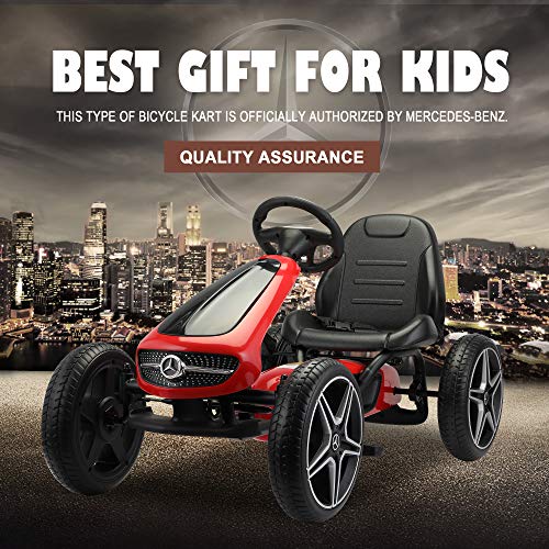 4 Wheel Pedal Go Kart, Kid’s Ride-on with Optional Installation Position Manual Brake Lever Music and Horn (Red)