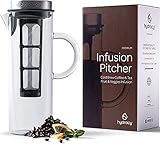Cold Brew Coffee Maker - Large Glass Infusion Pitcher 1.6 Quarts 52oz - Iced Coffee & Iced Tea Pitcher with Stainless Steel Lid + Fine Mesh Filter - EXTRA Fruit Infusion Tube-Perfect Gift for Home