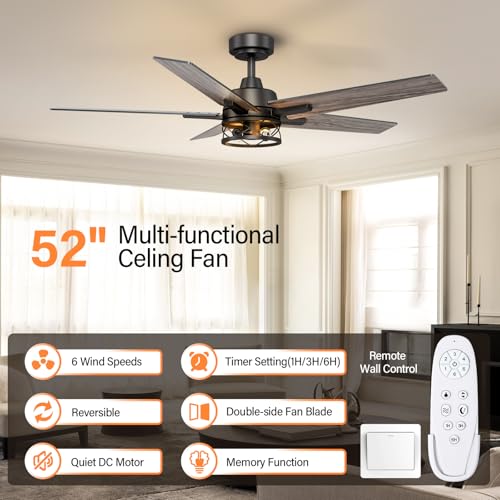 Image of 52 Inch Black Caged Ceiling Fans with Lights and Remote, No Light Bulbs