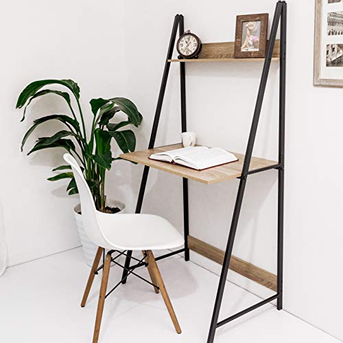 C-Hopetree Ladder Desk with Shelf - Student Study Table - Black Metal Frame.