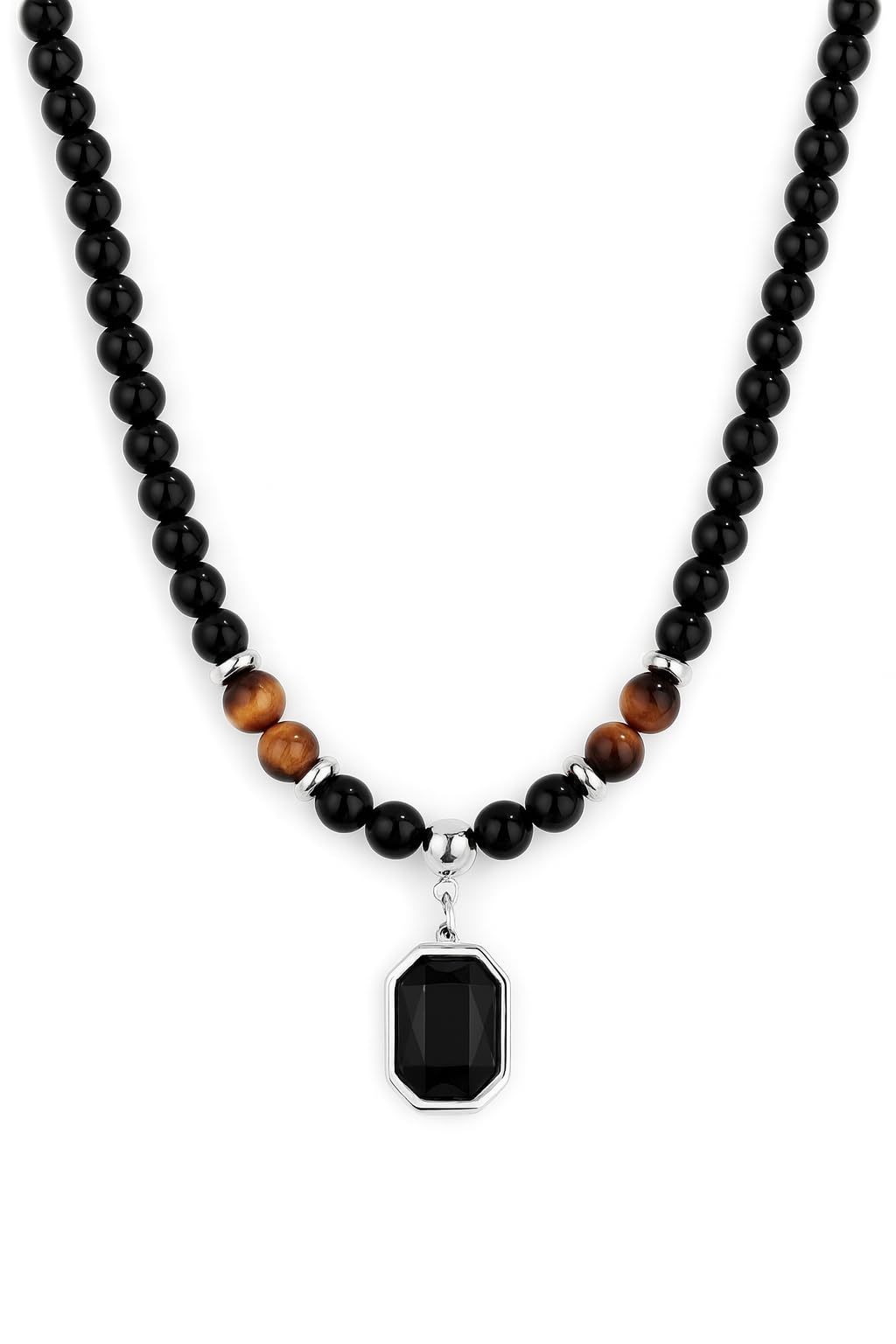 Men’s Black Beaded Chain with Silver Hexagon Pendant | Stylish Onyx Stone Necklace for Casual Jewelry | Perfect Gifting Locket for Mens & Women