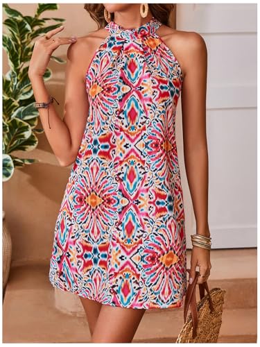 Image of Floerns Women's Sleeveless Floral Print Sundress Halter Neck A Line Short Dress