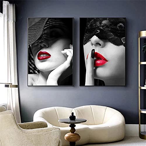 Cuadro de labios rojos para un dormitorio de moda con este cartel moderno en blanco y negro