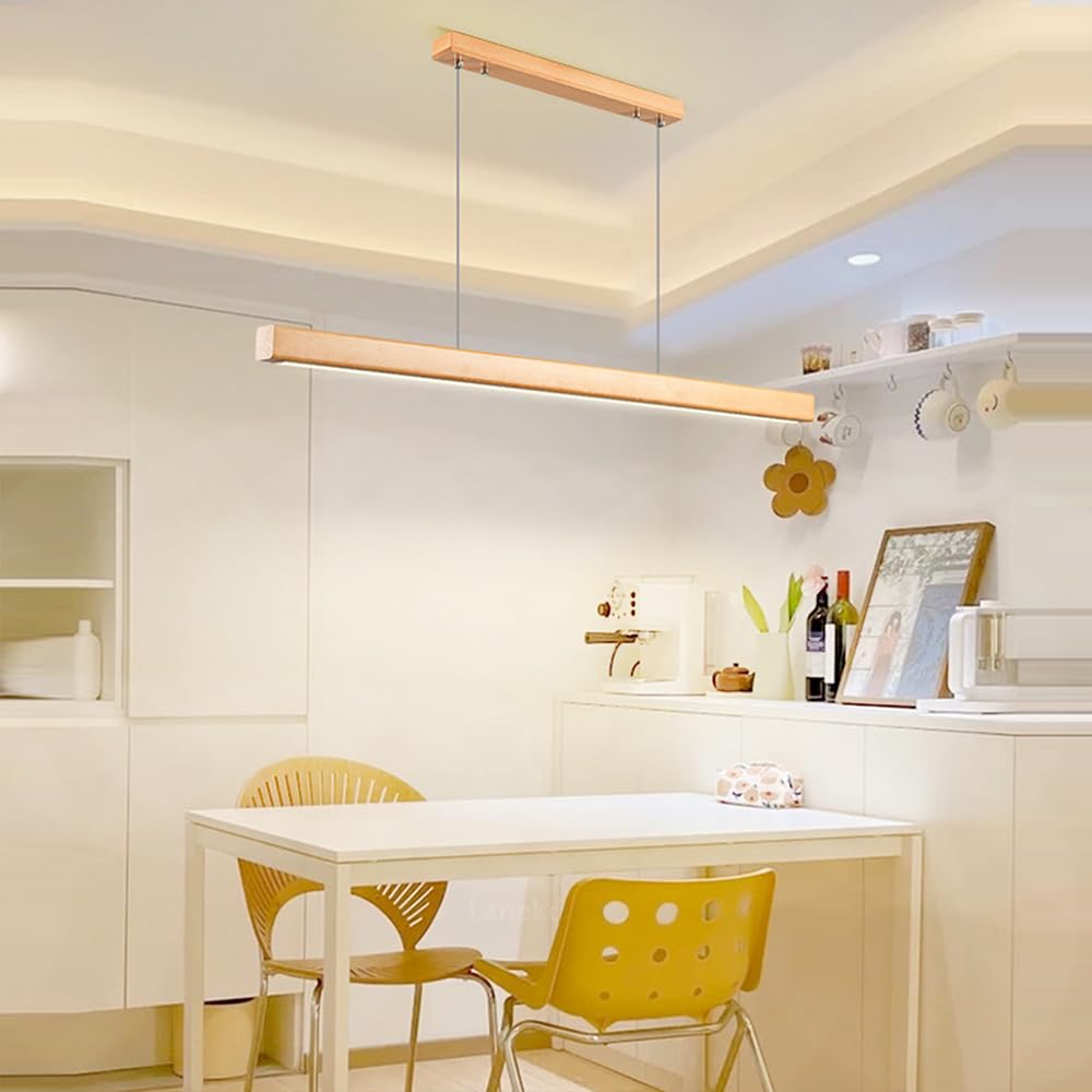 Moderno LED Lámpara Colgante de Madera Dimmable para Mesa de Comedor - Diseñador Lineal Altura Ajustable - Araña para Cocina Oficina