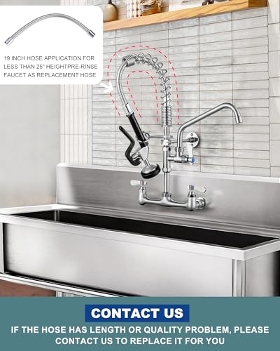 Image of 21 inch Height Commercial Faucet Wall Mount with Sprayer 10 inch Swing Spout 8 inch Adjustable Center, Kitchen Sink Faucets with Pull Down Pre-Rinse Sprayer for Restaurant Industrial Kitchen, Brushed Nickel