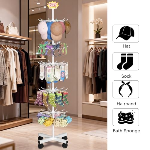 Image of Retail Display Stand Store Display Rack 6 Tier Metal Spinning Display Stand Rack with Wheels Keychain Jewelry Stocking Hat Stand with Hooks for Malls, Showroom, Retail Store (6 Tier White)