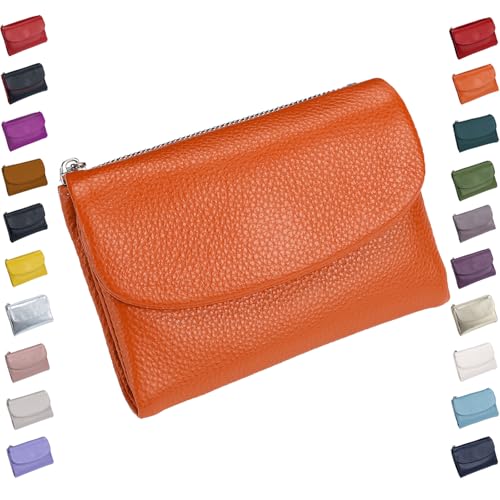 Unisex Pebble Leather Wallet,Small Wallets for Women,Genuine Leather Coin Purse,with Credit Card Holder,Coin Holder and Cash Slots,Genuine Leather Wallets for Men and Women (Orange)