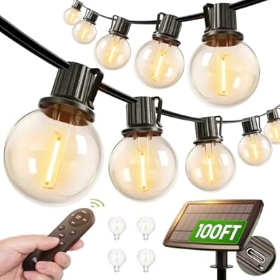 addlon 100FT Solar String Lights Outdoor with Remote, 54 LED Shatterproof Bulbs, Dimmable & Timable, 3 Light Modes, G40 Waterproof Solar String Lights for Outside Backyard Party Decor
