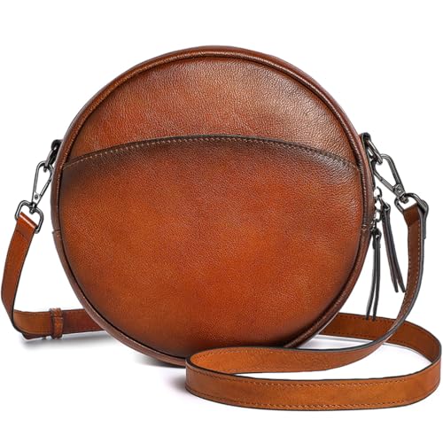 COOLCY Leather Crossbody Bags for Women, Circle Purse Shoulder Bag, Fashion Round Handbag for Travel, 2 Adjustable Strap
