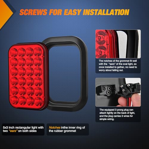 Image of Nilight 5 inch X 3 inch Rectangular Trailer Tail Light 4 PCS Red 24 LED Brake Lamp