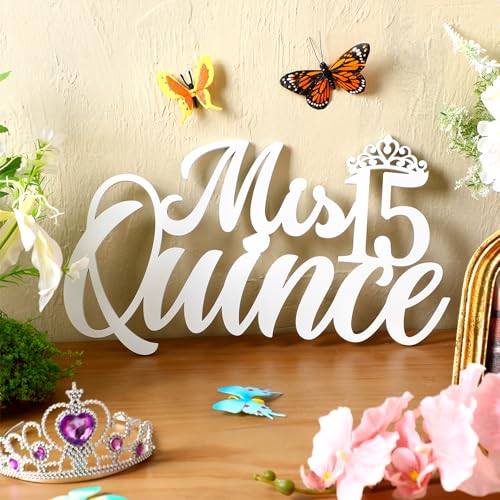Image of Yuntau Mis 15 Quince Sign Quinceanera Decorations 15th Birthday Quinceanera Party Backdrop Wooden Banner Wall Decor Sign White Mis 15 Quince Birthday Gift for Wall Bedroom Photo Booth Decor Gift