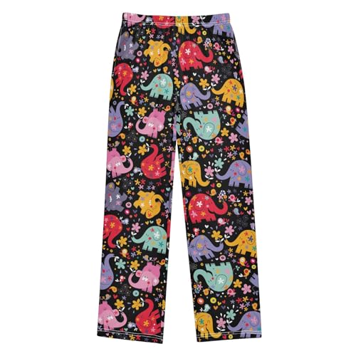 ZZXXB Elephant Flowers Colorful Print Boys Long Pants Soft Trousers Elastic Waist Kids Lounge Bottoms with Pockets S-XL