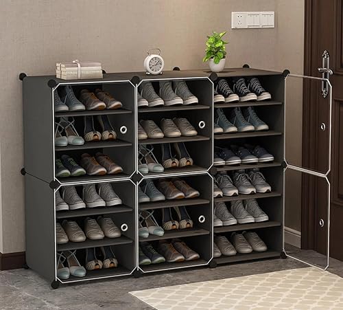 Image of AYSIS 18 Shelf DIY Shoe Rack Box Organizer ^ Multi-Purpose Plastic Shoe Rack for Home, PP Plastic Home Rack with Door for Entryway, Chappal Slipper Shoe Stand【Grey, 18-Shelf-6-Door】