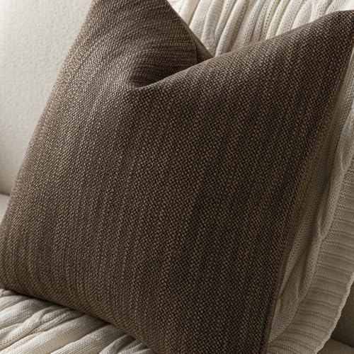 Image of Foindtower Set of 2 Decorative Textured Burlap Linen Throw Pillow Covers Farmhouse Boho Cushion Cover Solid Accent Pillowcase for Couch Sofa Bed Living Room Home Decor, 22x22 Inch,Chocolate