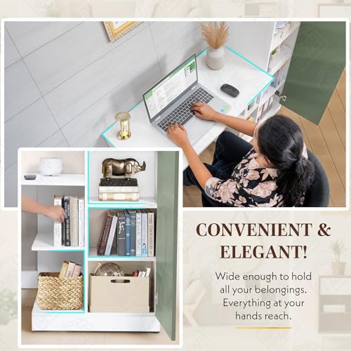 Image of ABOUT SPACE Study Table with Cabinet - Computer Table with Bottom Storage Space DIY Engineered Wood Office Desk with Adjustable Shelves for PC Laptop Gaming (White, Green-L 124 x B 44 x H 121.5 cm)