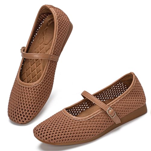 Image of Buyrew Women's Mary Jane Flats Breathable Mesh Square Toe Ballet Flats with Arch Support Washable Non Slip Casual Dress Shoes for Work Office