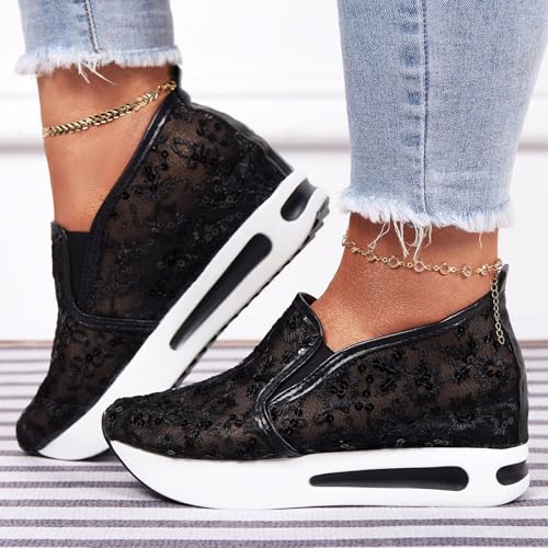 Fashion Sneakers for Women 2025, Floral Embroidery Breathable Sheer Mesh Lace Slip on Platform Wedge Sneakers Lightweight Comfortable Casual Walking Shoes