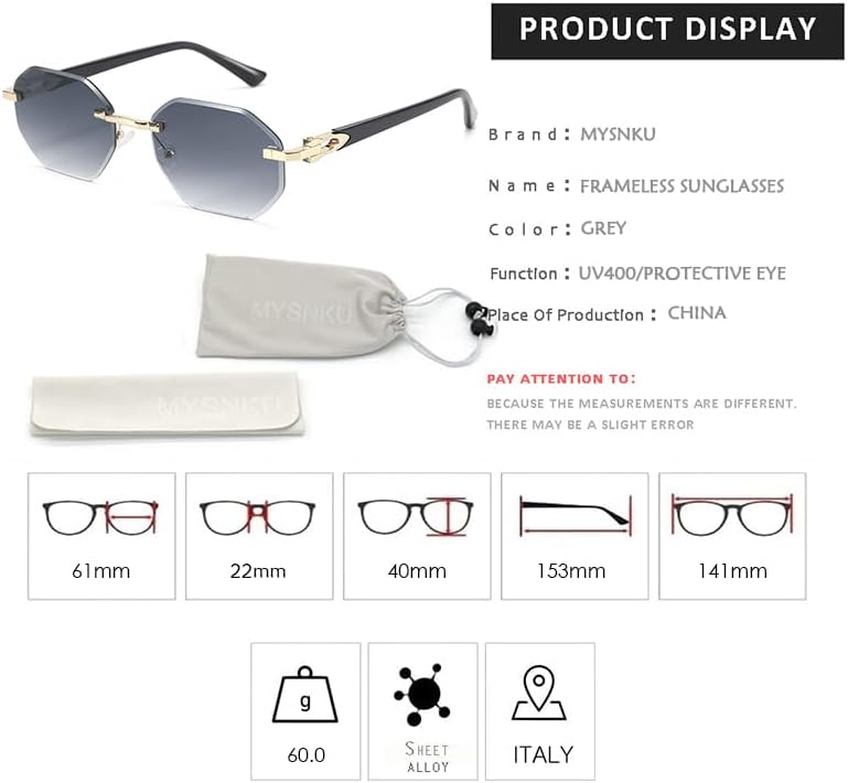 Rimless Octagon Sunglasses Narrow Cut PC Lens Frameless Metal Decor Fashion Shades image 2
