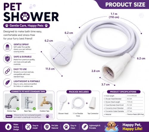 Image of Woofy Multifunctional Pet Grooming 1.3M Long Handheld Shower Head with Tub Faucet Sprayer Hose Kit Suitable for Washing Hair, Washing Pets and Cleaning Tub (White)