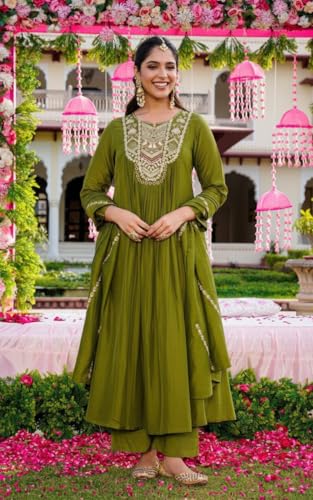 Image of Nermosa Women Embroidery Solid Anarkali Kurta and Pant Set with Dupatta