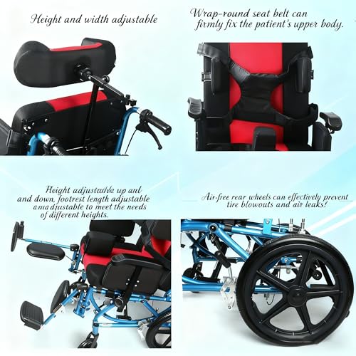 Image of Pediatric Reclining Wheelchair for Kids & Teens, Foldable Aluminum Frame with Dining Tray, Adjustable Seat & Full Postural Support for Cerebral Palsy & Neurological Needs (Red)
