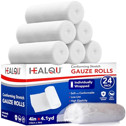 HEALQU Premium Gauze Rolls - 4 x 4 Yards - 24 Rolls Individually Wrapped Conforming Stretch Gauze Bandage - Super Soft Woven Stretch Bandages for Primary Wound Dressing Support