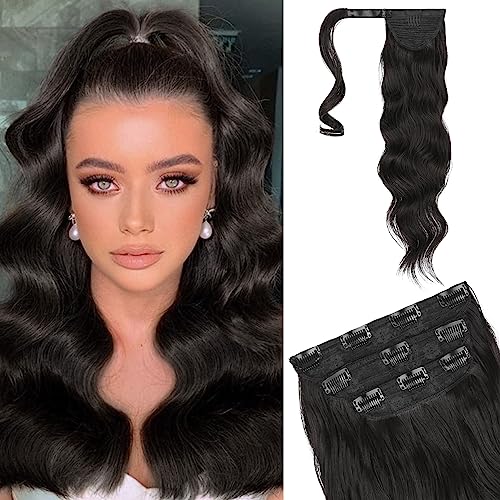 Flufymooz 4PCS Half Up Half Down Ponytail Extension Set Fake Ponytail Soft Synthetic Hairpiece for Women Long Thick Clip in Hair Extensions Wavy Fuller High Wrap Around (Black Brown 22In)