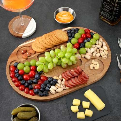 WLWNWFT Servierplatte aus Akazienholz mit Schieferplatte 36 x 24 cm, Servierbrett Holz mit 2 Edelstahl Dip-Schalen für Steak, Sushi, Steakbrett Steakteller Käsebrett Grillbrett – Bild 3