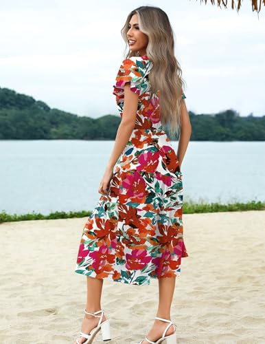Image of Zeagoo Women Dresses Summer Flutter Sleeve Sleeve V-Neck Button Front Beach Sundress