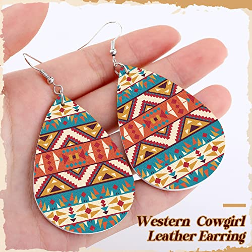 24 Pairs Western Cowgirl Faux Leather Earrings Set Boho Aztec Pattern Earrings Handmade Teardrop Dangle for Women4