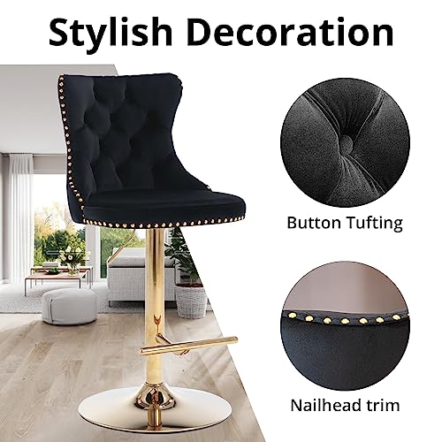 I-Pook Swivel Bar Stools Set Of 2, Adjustable Counter Height Barstools With Nailheads Trim, Button Tufted Back And Golden Footrest, Velvet Bar Chairs For Home Bar Kitchen Island, Black #TOP4