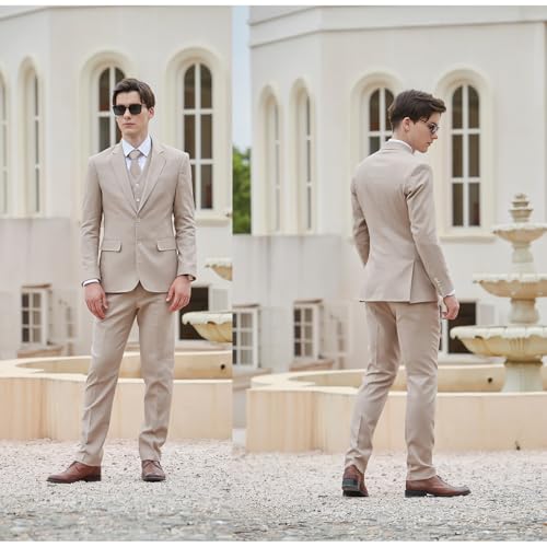 Men's Herringbone Linen Suits Beach Wedding Tuxedo Summer Slim Fit Light Weight 3 Pieces Blazer Jacket Vest Pants Tie Set （Sand Color 5XL）2