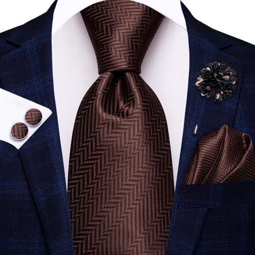Image of Hi-Tie Men Silk Ties Set with Flower Lapel Pin Necktie Pocket Square Cufflinks for Tuxedo Wedding Business