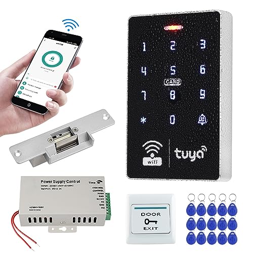 FUSYTULY Kit de Sistema de Control de Acceso WiFi Tuya APP 125KHz 13,56 MHz Teclado RFID Impermeable + Cerradura de Puerta Eléctrica + Fuente de Alimentación DC12V + llavero 15pcs