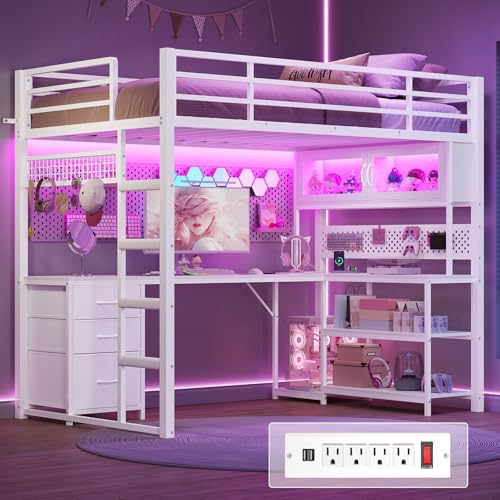 ADORNEVE Twin Size Loft Bed with L-Shaped Desk, Storage Drawers & RGB Arcylic Cabinet, Expanded Safety Power Outlet, Metal LED Loft Bed Frame with Wide Ladder, for Teen Girls, White