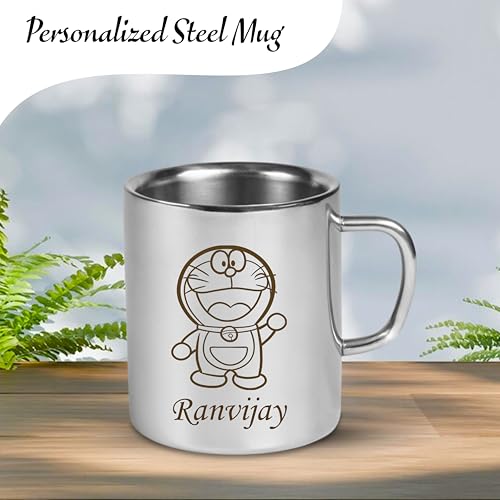 Image of SAVRI Personalized Stainless Steel Mug for Kids with Customized Name Engraved & Cartoon Design | 220 ml Double Wall Insulated Mug for School, Milk, Juice & Water (Doremon)