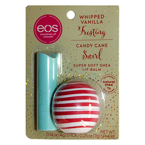 eos (1) 2pc Set Lip Balm Stick & Sphere Container - Whipped Vanilla Frosting, Candy Cane Swirl Flavored - Super Soft Shea - 0.14 oz Stick / 0.25 oz Sphere