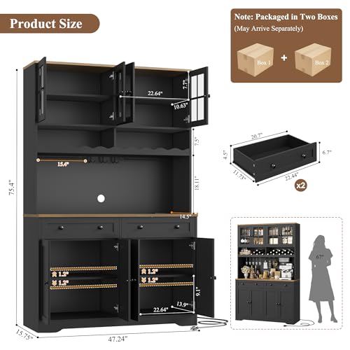Image of HOSTACK 75.4 inch Tall Kitchen Pantry Cabinet with Charging Station, Modern White Kitchen Hutch with Microwave Stand and Wine Rack, Large Food Pantry Storage Cabinet with Glass Doors and Drawers, Black