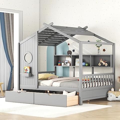 MERITLINE Full House Bed with Storage Drawers & Bookcase, Montessori Bed Full Platform Bed Frame with Rails & Roof, Solid Wood Playhouse Bed for Kids Teens Girls Boys (Full Size, Gray) Cover