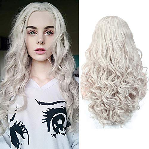 YYHR White Silver Gray Long Body Wave Loose Curly Synthetic Lace Front Wig for Women Half Hand Tied Replacement Hair Wigs (White Silver Gray)