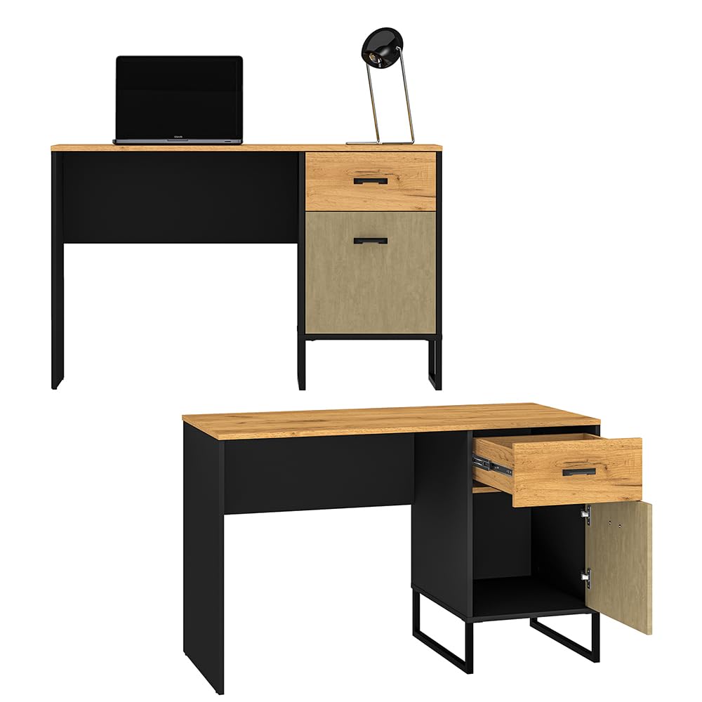Lomadox Jugendzimmer Set 5-teilig mit Schreibtisch, Kleiderschrank, Regal, Sideboard, Wandboard in Eiche schwarz Sandfarben modern