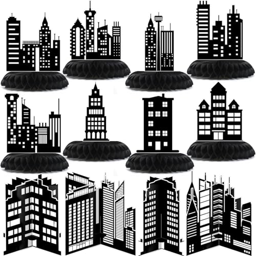 Pickmesh 12 Pieces Hero Party Decorations City Skyscraper Honeycomb Centerpieces Table Decorations Skyline Buildings Table Topper for Hero Birthday Skyscraper Party Supplies