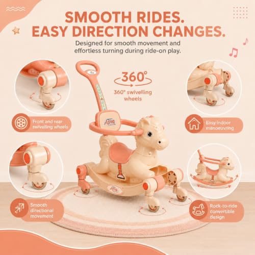 Image of 3 in 1 Baby Horse Rider for Kids 1-5 Years with Parent Handle, Rocking Horse, Ride On Toy, 360 Safety Guard, Music, Swivel Wheels, Backrest, Baby Ride On for Boys & Girls (Cream)