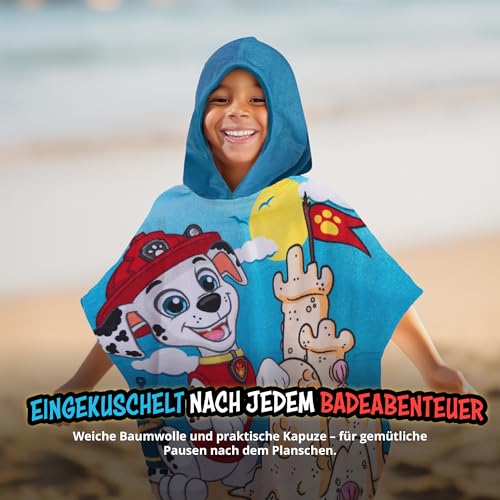 United Labels Paw Patrol Badeponcho für Jungen, Blau, Marshall, 50 x 100 cm, 100% Baumwolle, Kinder Badehandtuch mit Kapuze, Handtuch Poncho