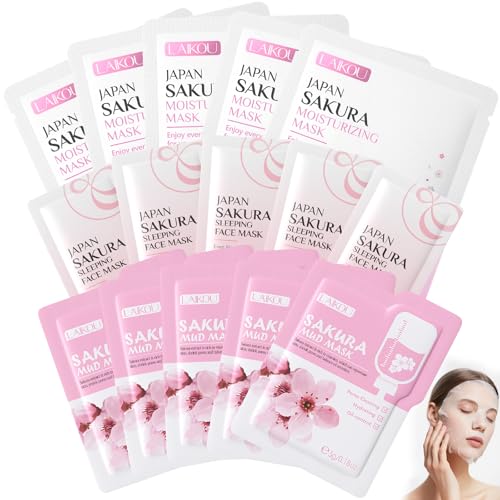 15 Pièces Sakura Ensemble de Soins de la Peau, Masques en Tissu Sakura avec Masque Hydratant Visage, Masque à l'argile, masque de Nuit, Nourrissants, Appaisant, pour Adolescentes et Femmes