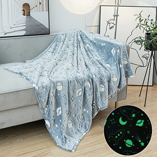 Lipor Glow In The Dark Blanket Ultra Soft Cozy Cute Luminous Throw Blankets Fluffy Spacecraft Grey Flannel Kids Blankets Warm Home Decorative For Boys Girls Teens Birthday Gift 51"X63" (Grey Space) #TOP16