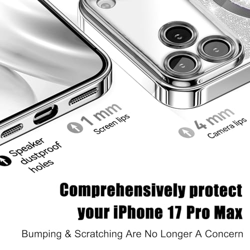 Image of Misscase for iPhone 17 Pro Max Case Compatible with MagSafe,Built-in Camera Lens Protector Full Protection Soft TPU Anti-Scratch Anti-Fingerprint Magnetic Glitter Slim Case Cover 6.9 inch Silver