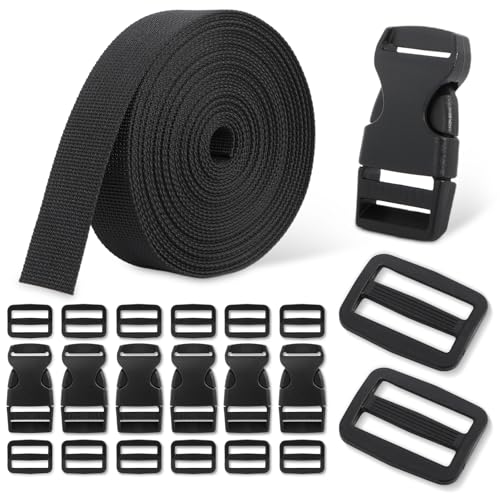 Buckle & Strap Kit - 6 Yards 1 Inch Wide Polyester Webbing Stronger Than Nylon 6 Plastic Quick Release Buckles & 12 Triglide Clips Adjustable Extender Straps for Backpack Dog Collar Fanny Pack